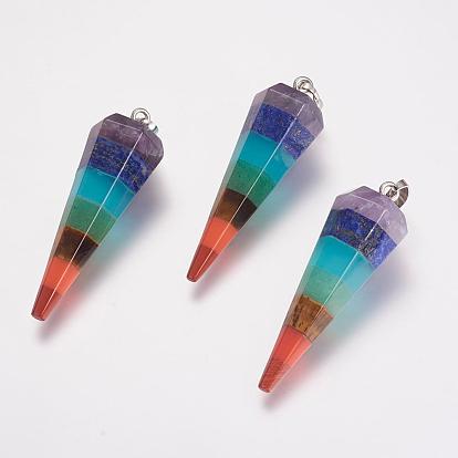 Yoga Chakra Jewelry, Natural & Synthetic Gemstone Pendants, with Platinum Plated Brass Findings, Cone