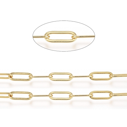Brass Paperclip Chains, Flat Oval, Drawn Elongated Cable Chains, Soldered, Long-Lasting Plated, with Spool