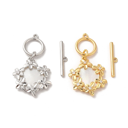 Brass Pave Clear Cubic Zirconia Toggle Clasps, with Natural Shell, Flower