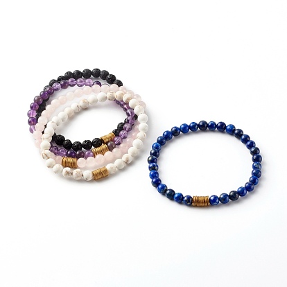 Natural Mixed Gemstone Stretch Beaded Bracelets, with Golden Plated Brass Spacer Beads