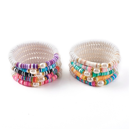 Polymer Clay Heishi Beads Stretch Bracelets Sets, with Natural Pearl Beads and Brass Beads, Golden