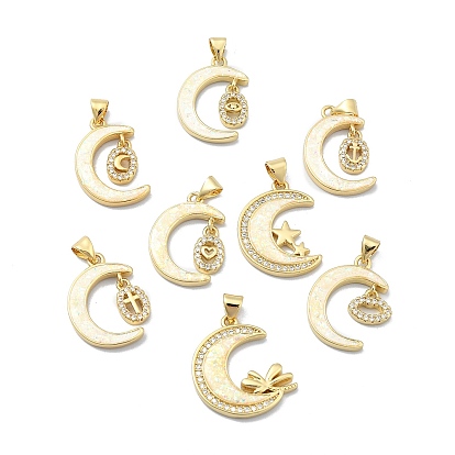 Brass Micro Pave Clear Cubic Zirconia Pendants, Cadmium Free & Lead Free, with Sythetic Opal, Real 18K Gold Plated, Moon