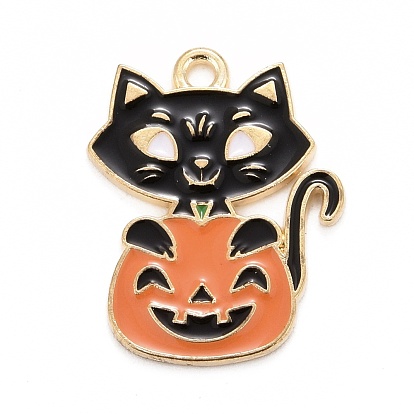 Halloween Alloy Enamel Pandants, Light Gold, Pumpkin with Cat