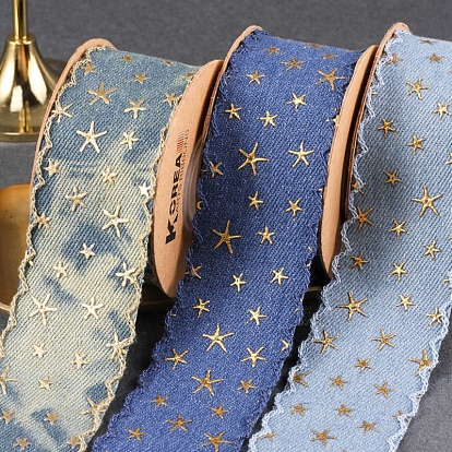 Ruban polyester denim bronzant étoile, bande de garniture étoilée en sangle, pour la décoration de fête, emballage cadeau