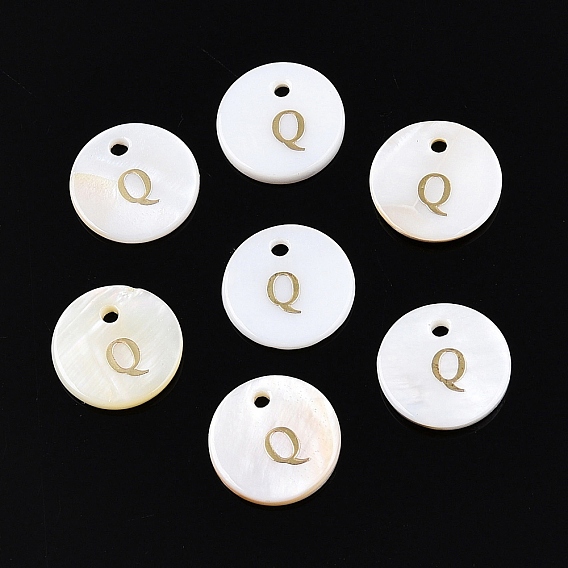 Плоские круглые подвески из натуральной пресноводной ракушки с золотым тиснением в виде буквы q