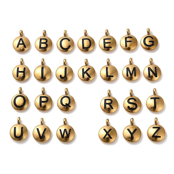 304 подвески из нержавеющей стали с черной эмалью, золотые, плоский круглый с подвеской в виде буквы