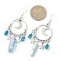 Natural Quartz Crystal Irregular Bullet Earrings, 304 Stainless Steel Moon & Star Chandelier Earrings