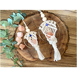 Handmade Macrame Jute Cord with Glass Evil Eye Tassel Car Hanging Ornament, with Wood Beads and Iron Ring for Wall Car Decorations