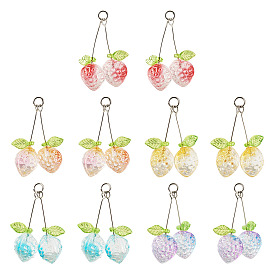 10шт 5 стили прозрачные стеклянные подвески, окрашенные распылением, клубника, с подвеской в виде акрилового листика и 304 открытыми соединительными кольцами из нержавеющей стали