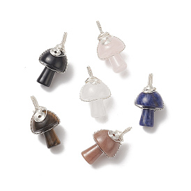 6Pcs Natural Mixed Gemstone Copper Wire Wrapped Pendants, Mushroom Charms