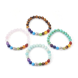 Gemstone Stretch Bracelets, Chakra Jewelry, with Mixed Stone and Resin Beads, Metal Findings and Burlap Packing, Round, Buddha