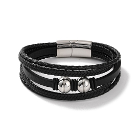 Men's Braided Black PU Leather Cord Multi-Strand Bracelets, Round 304 Stainless Steel Link Bracelets with Magnetic Clasps