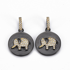 Brass Micro Pave Clear Cubic Zirconia Pendants, Nickel Free, Real 16K Gold Plated, Flat Round with Elephant
