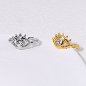 304 Stainless Steel Rhinestone Cuff Open Rings for Women, Evil Eye
