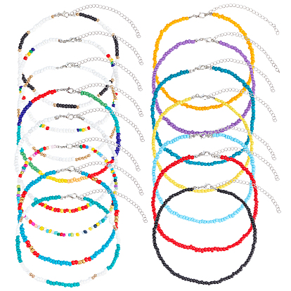 15Pcs 15 Styles Round Glass Seed Beads Choker Necklaces, with Iron Lobster Claw Clasps, Platinum