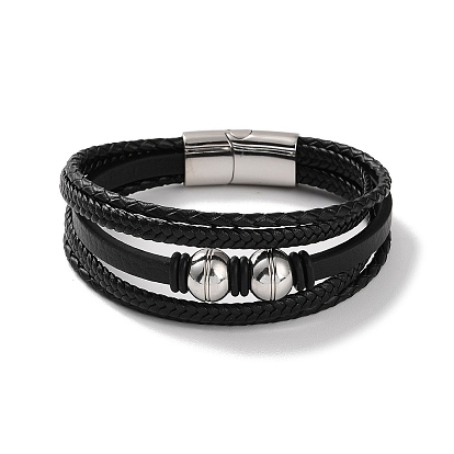 Men's Braided Black PU Leather Cord Multi-Strand Bracelets, Round 304 Stainless Steel Link Bracelets with Magnetic Clasps