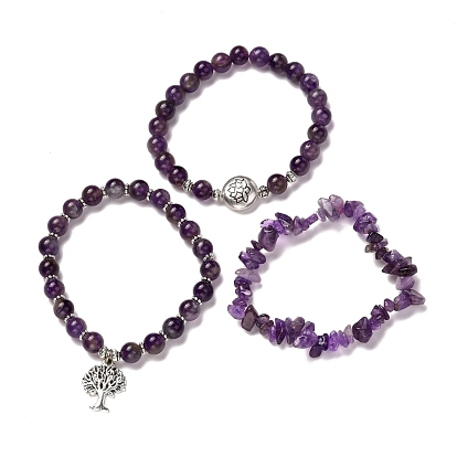 Natural Amethyst Stretch Bracelets Set for Teen Girl Women, Tree of Life & Lotus Alloy Charm Bracelets