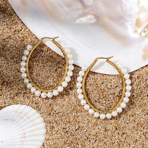 Шикарные серьги-кольца в пляжном стиле 201 из нержавеющей стали, с имитацией жемчуга