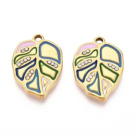 304 из нержавеющей стали горный хрусталь подвески, с эмалью, очарование листа, реальный 18 k позолоченный, ионное покрытие (ip)