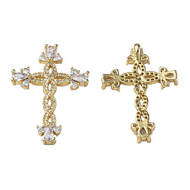 Brass Micro Pave Cubic Zirconia Pendants, Nickel Free, Real 18K Gold Plated, Cross