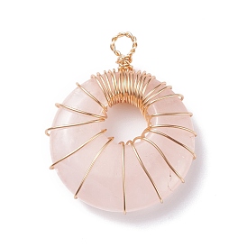 Natural Rose Quartz Pendants, with Light Gold Plated Copper Wire Wrapped, Donut