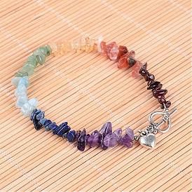 Gemstone Chip Beaded Anklets, with Alloy Toggle Clasps and Tibetan Style Alloy Heart Pendants, 250mm