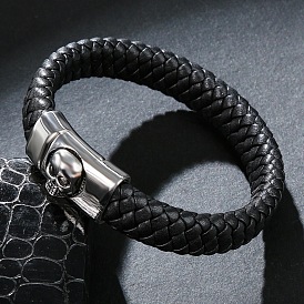 Imitation Leather Flat Cord Bracelet, with Magnetic Stainless Steel Skull Clasps