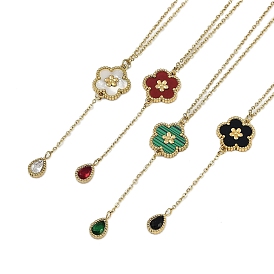 Ion Plating(IP) 304 Stainless Steel Cubic Zirconia Cable Chain Teardrop Tassel Necklaces, Flower Plastic Imitation Shell/Enamel Pendant Necklaces, Golden