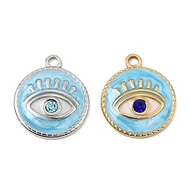 304 Stainless Steel Enamel Pendants, Evil Eye Charms, with Rhinestone, Real 18K Gold Plated