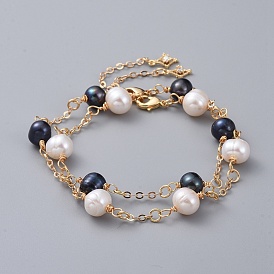 Natural Cultured Freshwater Pearl Beads Link Bracelets, with Brass Cable Chains, Cubic Zirconia Pendants and Lobster Claw Clasps, Cardboard Box