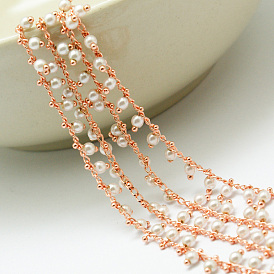 Handmade Imitation Pearl ABS Beaded Chains, Soldered, with Spool, with Brass Rack Plating Findings, 7x3mm