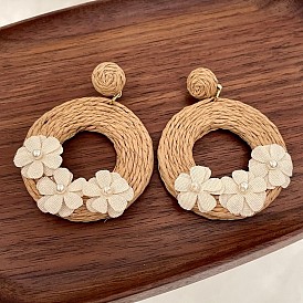 Серьги-гвоздики из рафии и ткани в богемном стиле, Кольцо с цветком, с имитацией жемчуга