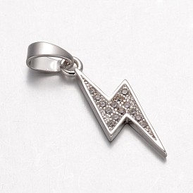 Lightning Bolt Brass Micro Pave Cubic Zirconia Pendants, 19.5x7.5x1.5mm, Hole: 4x3.5mm