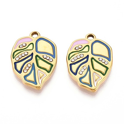 304 из нержавеющей стали горный хрусталь подвески, с эмалью, очарование листа, реальный 18 k позолоченный, ионное покрытие (ip)