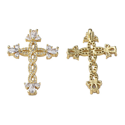 Brass Micro Pave Cubic Zirconia Pendants, Nickel Free, Real 18K Gold Plated, Cross