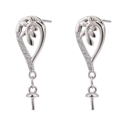 925 hallazgos de aretes de plata esterlina, con circonita, por medio perforó perlas, lágrima, Claro