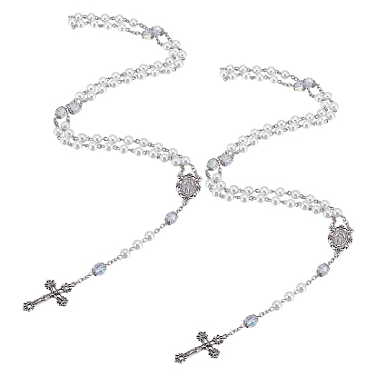 2 шт. белые круглые стеклянные бусины-четки с жемчугом, ожерелья с подвеской в виде креста Иисуса из цинкового сплава