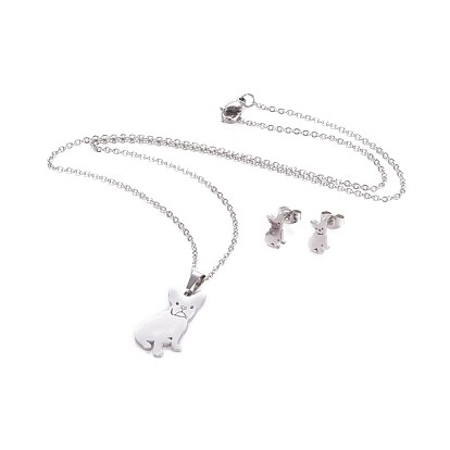 304 Stainless Steel Puppy Jewelry Sets, Cable Chains, Pendant Necklaces and Stud Earrings, with Ear Nuts/Earring Back, Chihuahua Dog