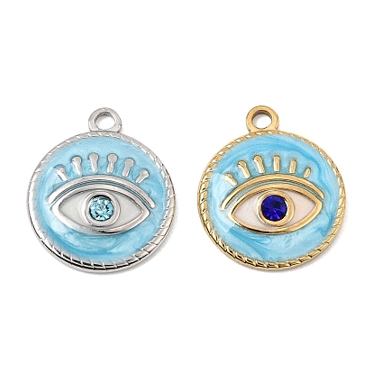304 Stainless Steel Enamel Pendants, Evil Eye Charms, with Rhinestone, Real 18K Gold Plated