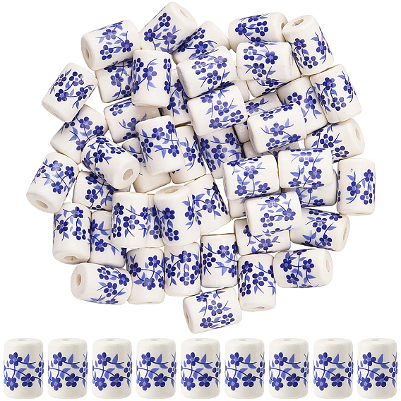 50Pcs Handmade Porcelain Beads, Famille Rose Style, Column with Flower Pattern