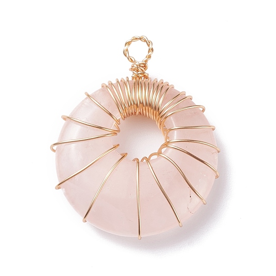 Natural Rose Quartz Pendants, with Light Gold Plated Copper Wire Wrapped, Donut