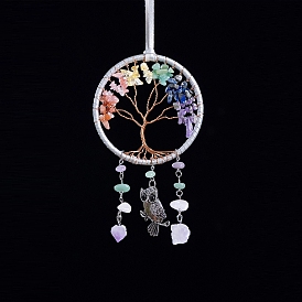 Natural & Synthetic Mixed Gemstone Tree of Life with Owl Hanging Ornaments, Pendant Decorations