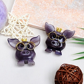 Natural Fluorite Pig with Glasses Energy Stone Figurine, Reiki Stone Feng Shui Home Decoration