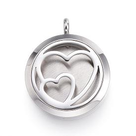Ion Plating(IP) 316 Surgical Stainless Steel Diffuser Locket Pendants, with Perfume Pad and Magnetic Clasps, Flat Round with Heart