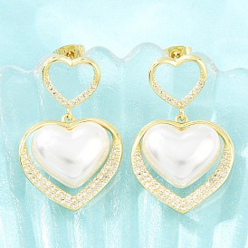 Micro cuivres ouvrent zircone cubique boucles d'oreille, cœur, ABS imitation perle Pendants d'oreilles