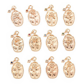 Brass Rhinestone Pendants, Birth Flower Charms, Nickel Free, Oval with Star, Real 18K Gold Plated