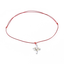 Unisex Adjustable Brass Pendant Necklaces, with Waxed Polyester Cord, Heart & Cross
