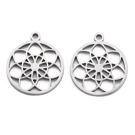 304 Stainless Steel Pendants, Laser Cut, Ring with Flower