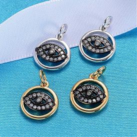 Flat Round with Eye Brass Micro Pave AAA Cubic Zirconia Charms, Cadmium Free & Nickel Free & Lead Free, 13x11x2.5mm, Hole: 3mm