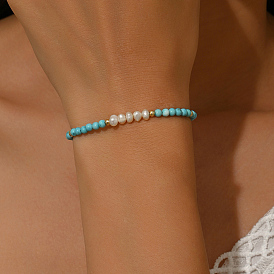 Bohemian Natural Freshwater Pearl and Round Sunthetic Turquoise Beaded Bracelets for Women, Golden